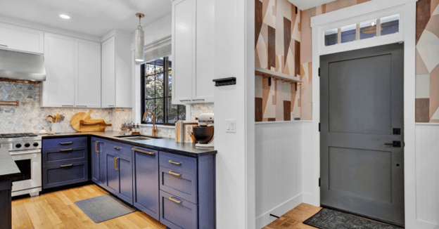 Remodeled Portland kitchen with dark blue cabinets
